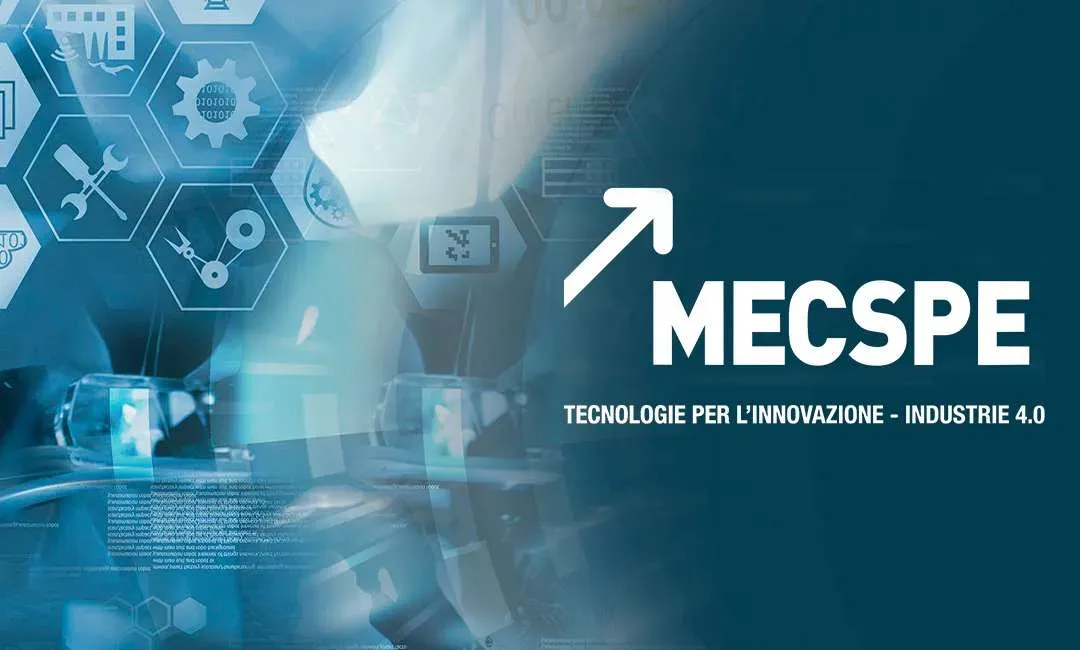 Logo MECSPE con il claim «Tecnologie per l'innovazione - Industrie 4.0» su uno sfondo blu di icone di produzione e automazione