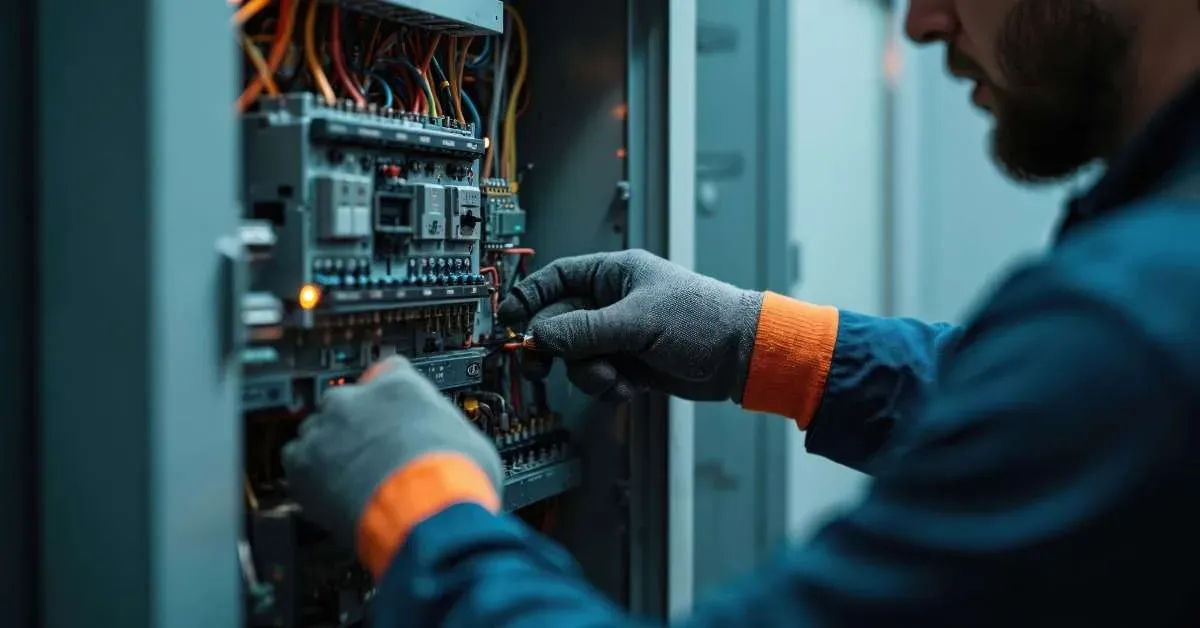 Tecnico al lavoro su un impianto elettrico durante un intervento di manutenzione