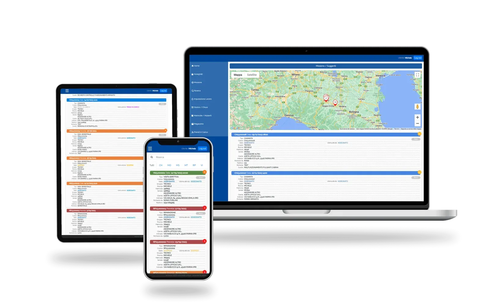 Synergy su tre dispositivi: il monitor operatori su laptop, la lista degli interventi su tablet e la ricerca visite su smartphone
