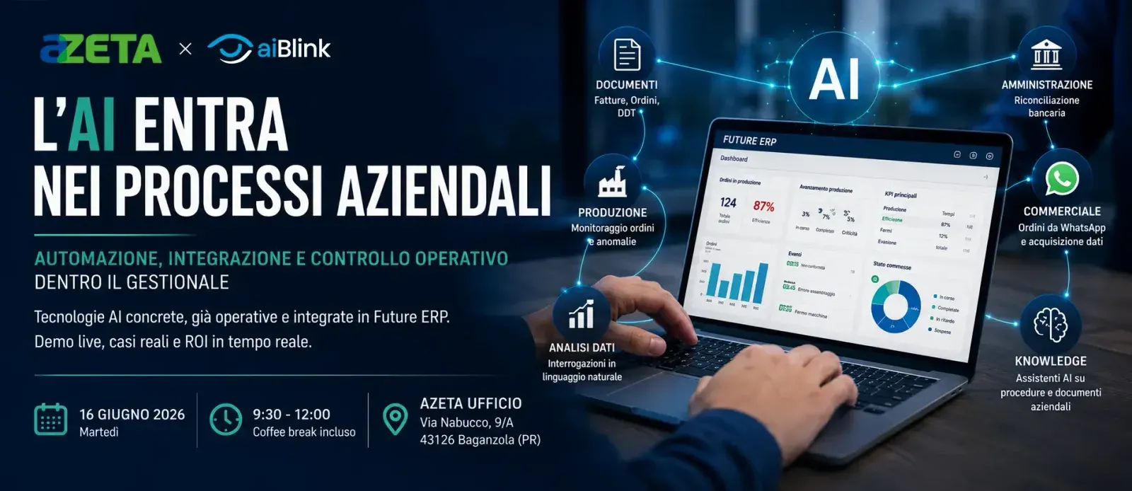 Locandina dell'evento Azeta e aiBlink «L'AI entra nei processi aziendali», martedì 16 giugno 2026 dalle 9:30 alle 12:00 in via Nabucco 9/A a Baganzola