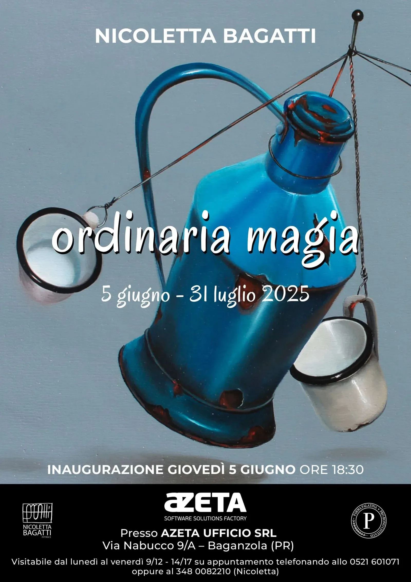 Locandina della mostra «ordinaria magia» di Nicoletta Bagatti, dal 5 giugno al 31 luglio 2025 presso Azeta Ufficio, con inaugurazione giovedì 5 giugno alle 18:30