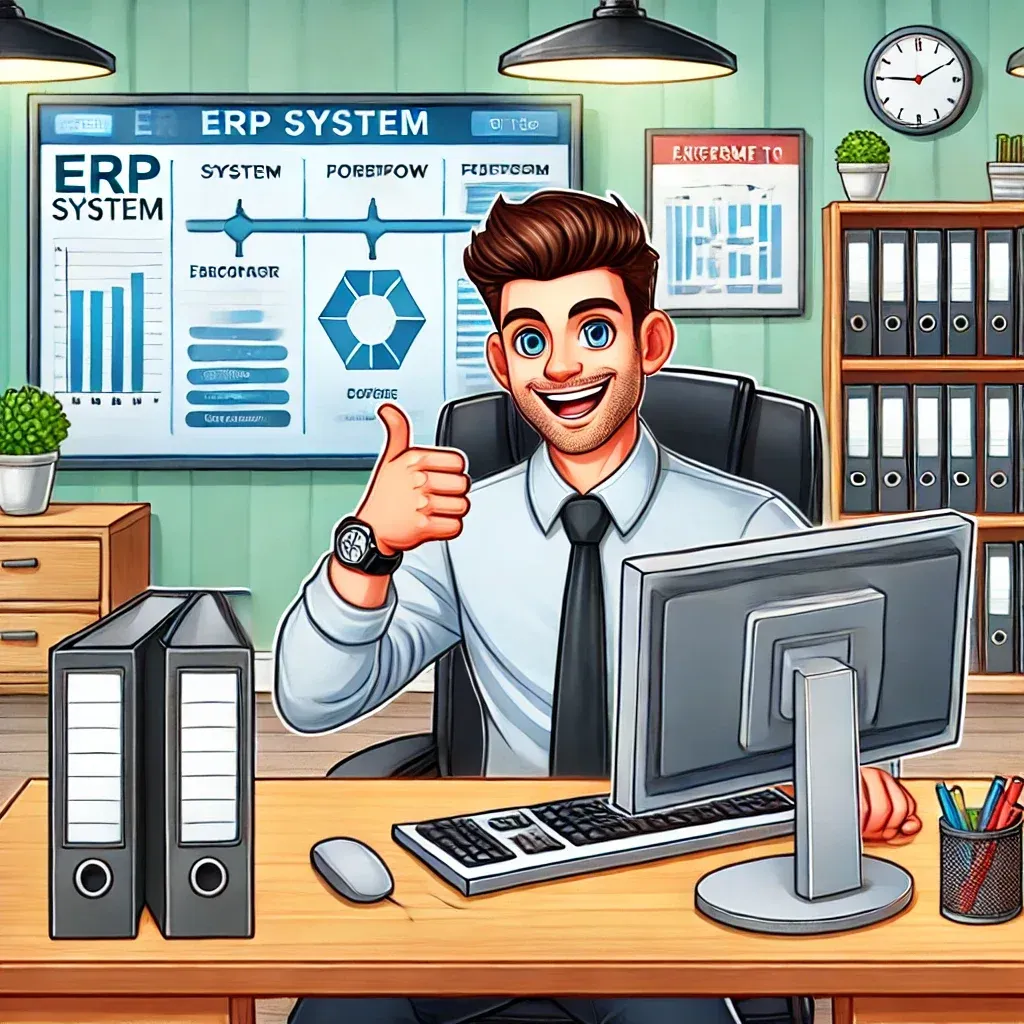 Illustrazione dello stesso impiegato sorridente, con il pollice alzato, davanti alla dashboard di un sistema ERP